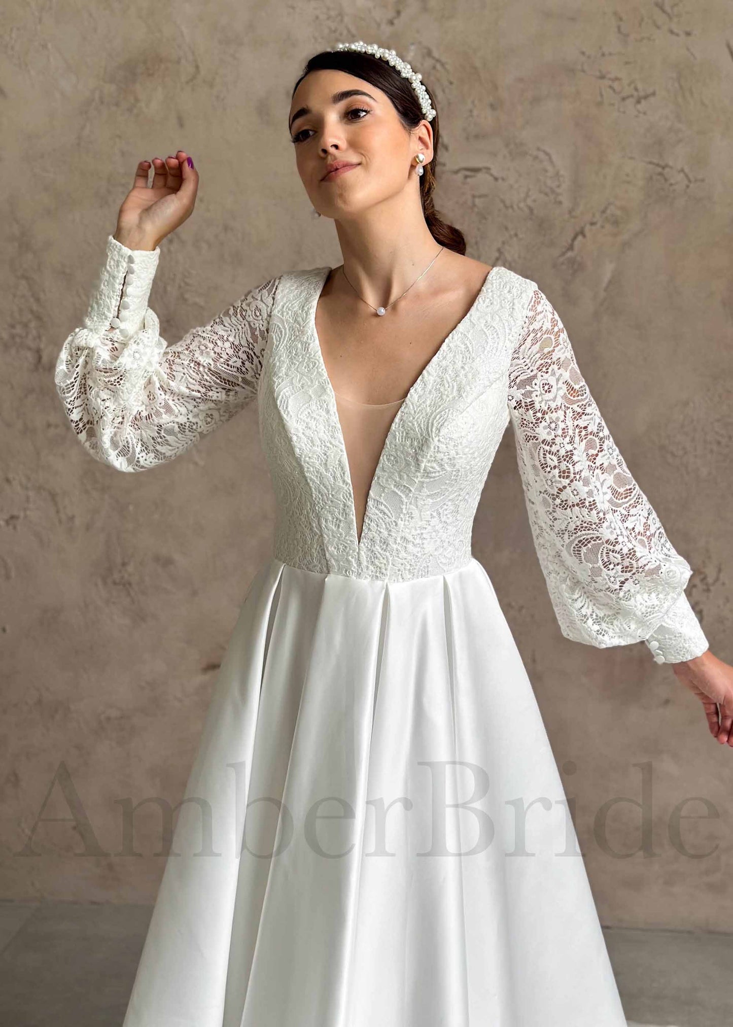 STOCK SELL-OUT: Boho A-Line Satin Wedding Dress with Deep V Neck and Long Puffy Lace Sleeves