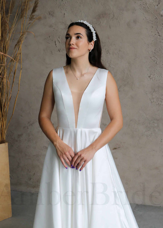 Minimalist A Line Satin Wedding Dress with Deep V Neck