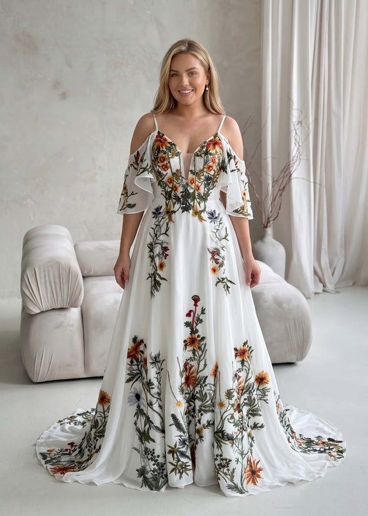 Colorful Floral A-Line Wedding Dress with Detachable Off-Shoulder Sleeves