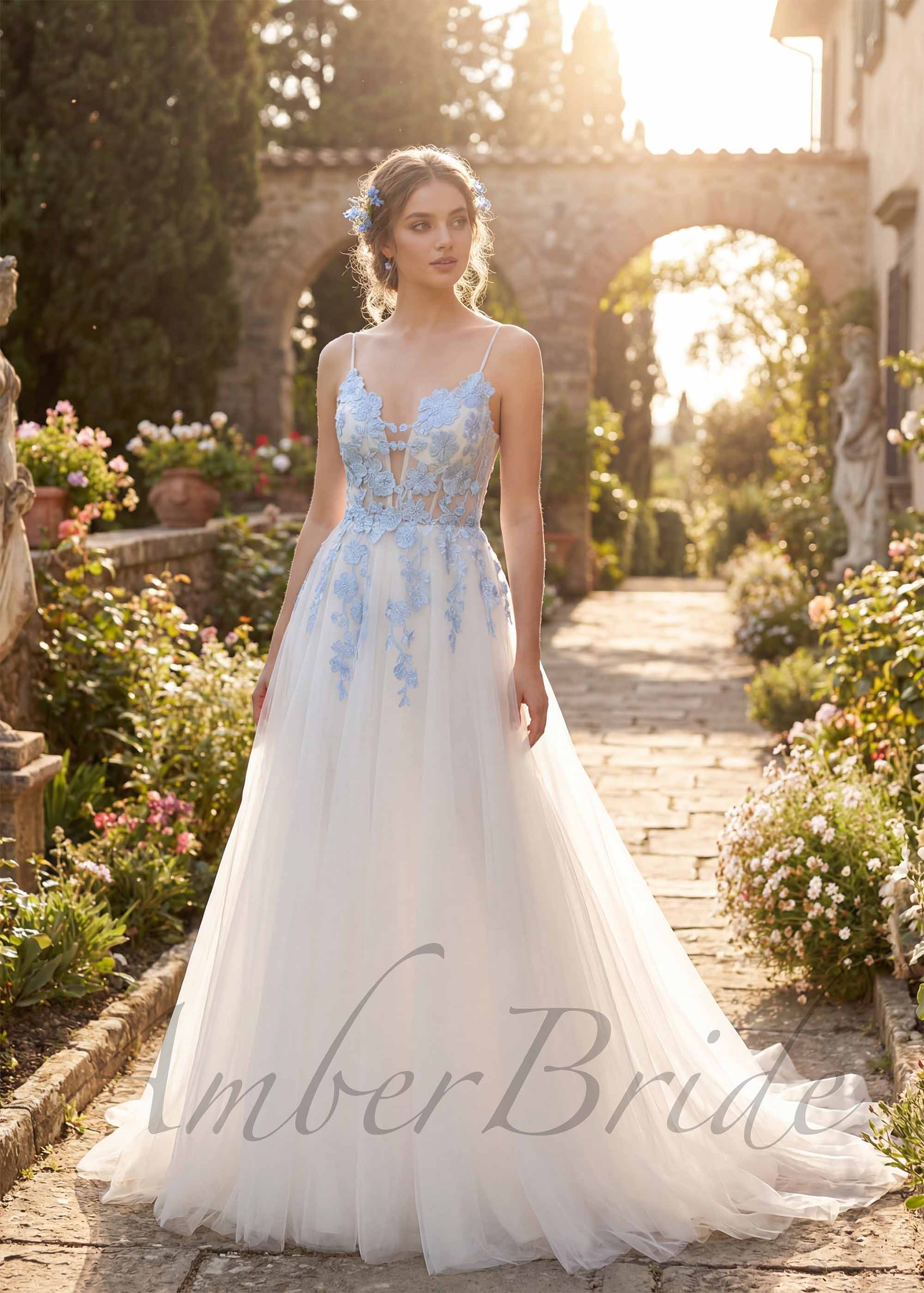 Sky Blue Floral Tulle Wedding Dress with Open Back