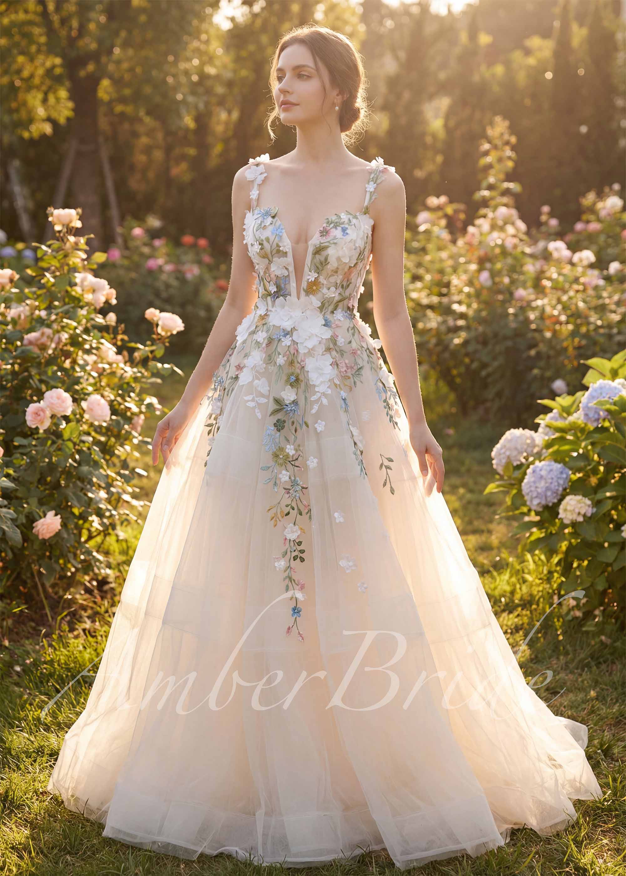 Beautiful Wildflower Appliqué Wedding Dress with Deep V Neck