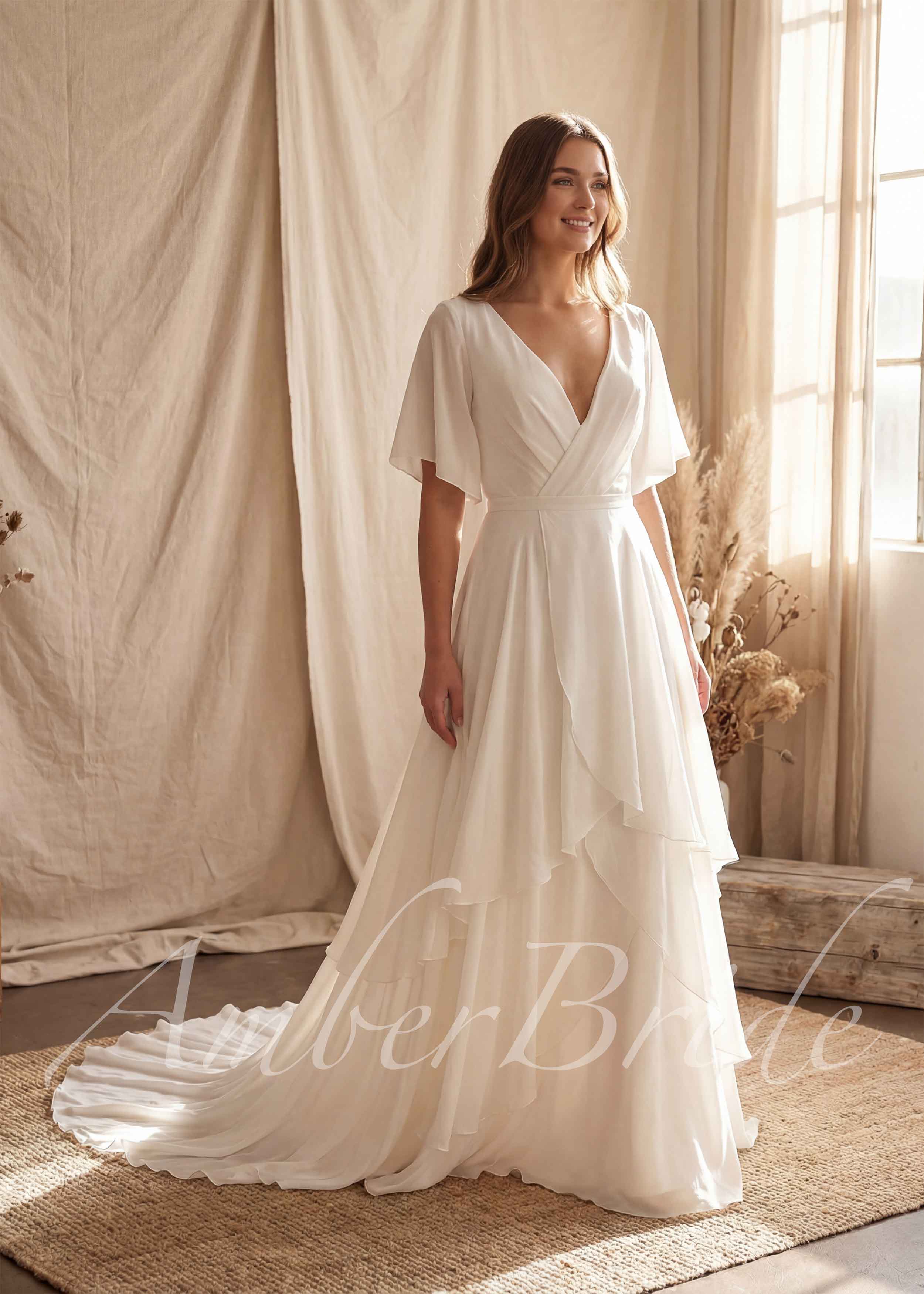 Medieval Chiffon Layered Wedding Dress with Flutter Sleeves | AmberBride Medieval Chiffon Layered Wedding Dress with Flutter Sleeves | AmberBride