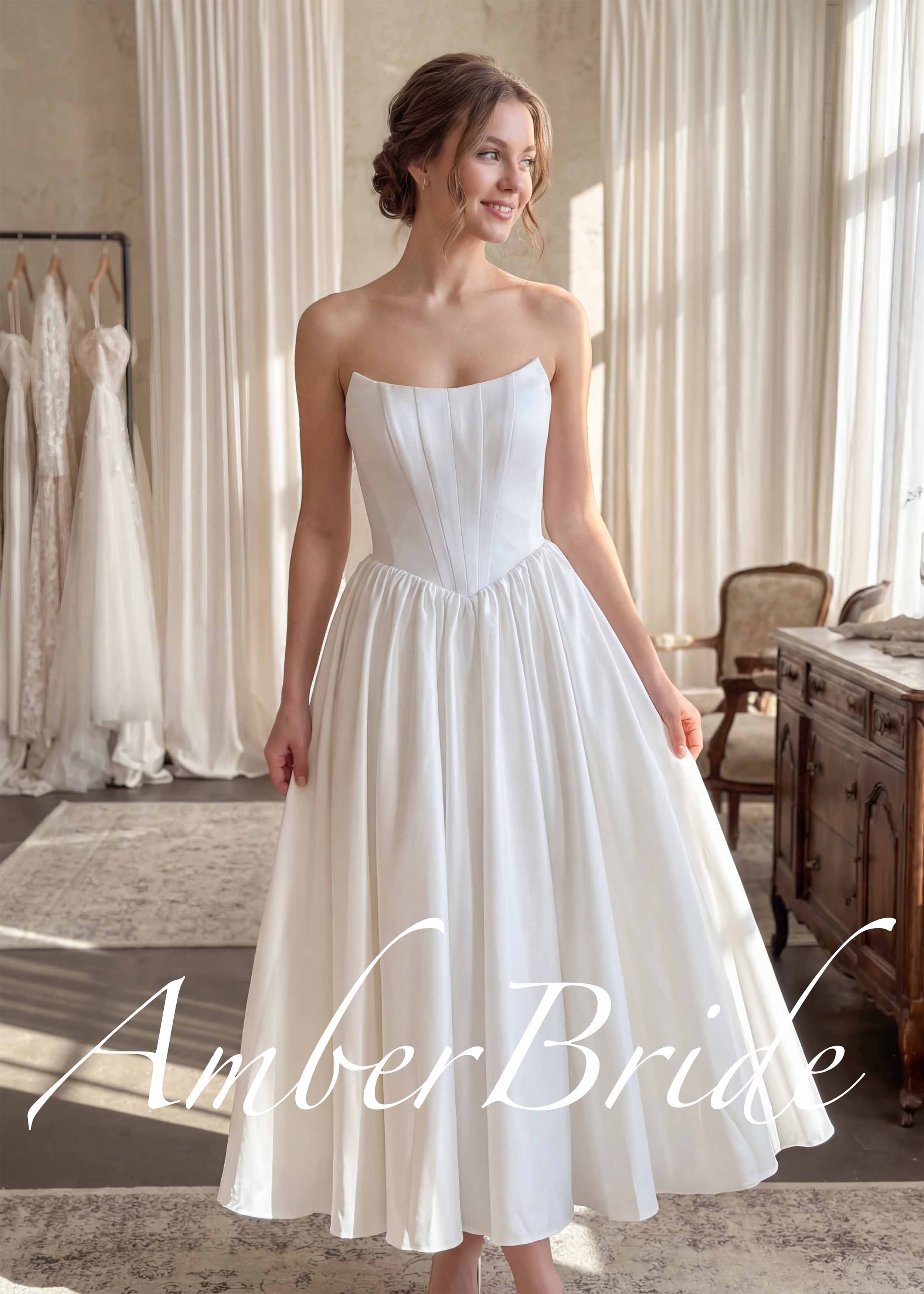 Elegant Basque Waist Tea Length Wedding Dress for Reception