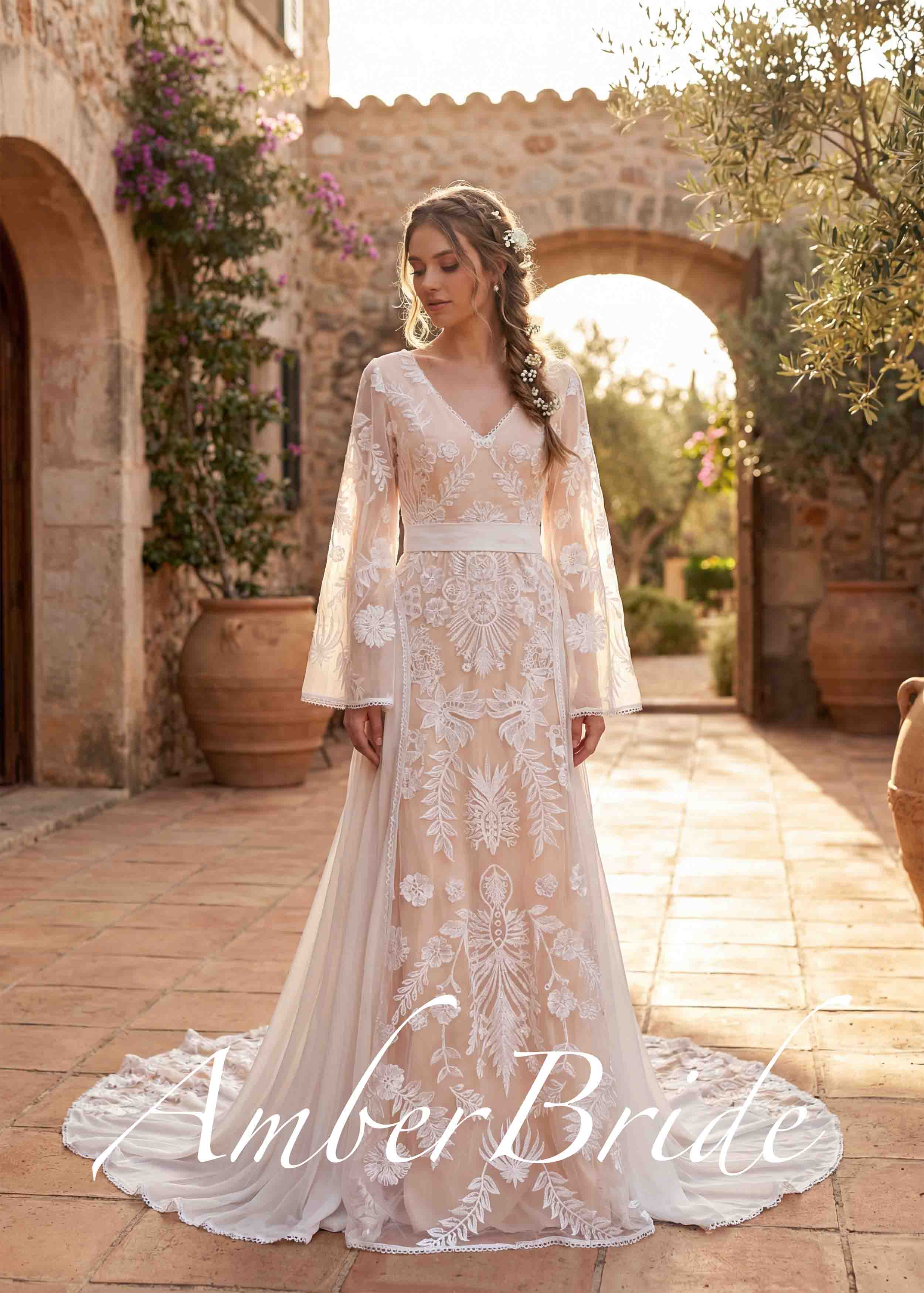 Boho Floral Embroidered Wedding Dress with Cape Sleeves