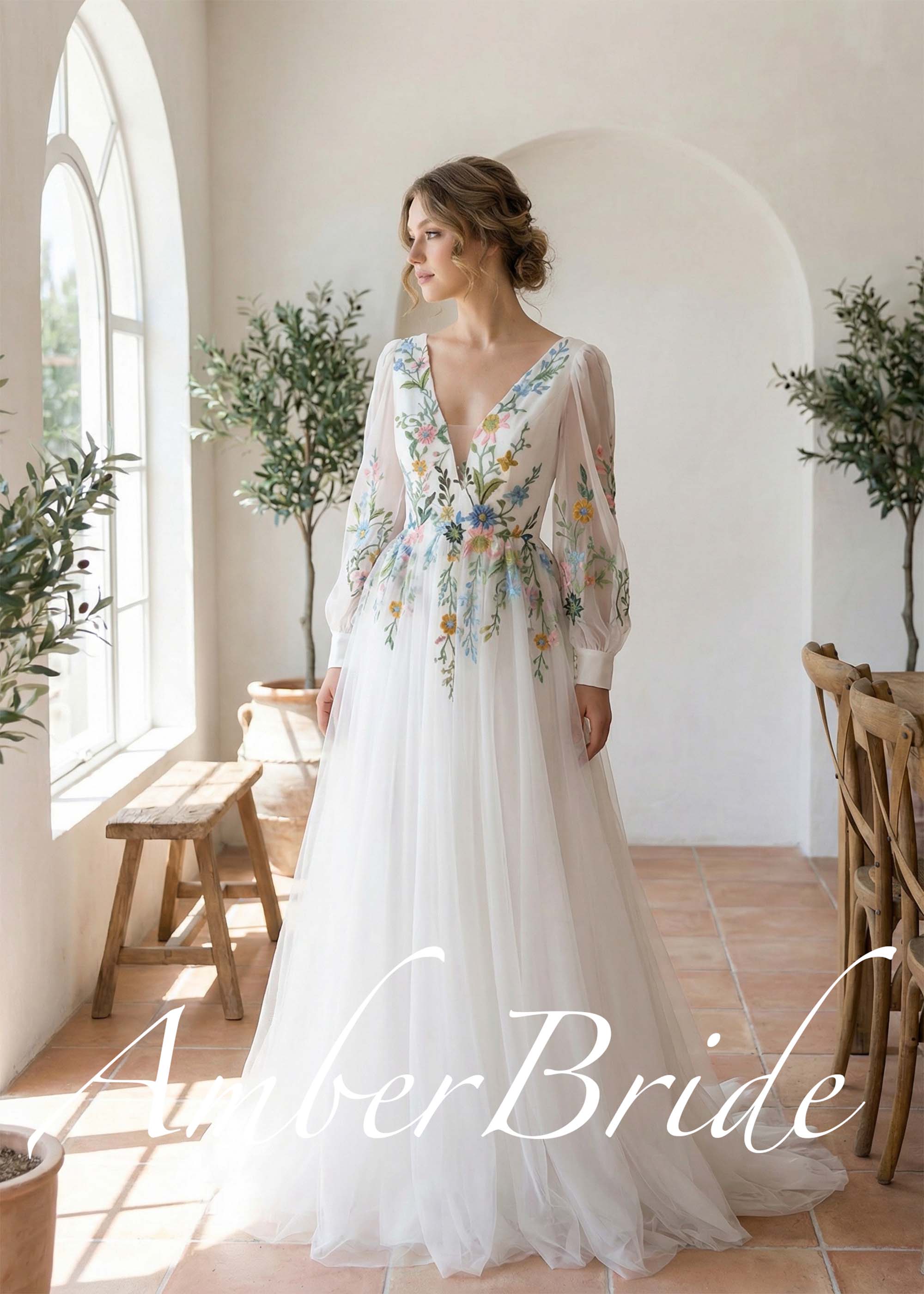 Floral Embroidered A-Line Tulle Wedding Dress