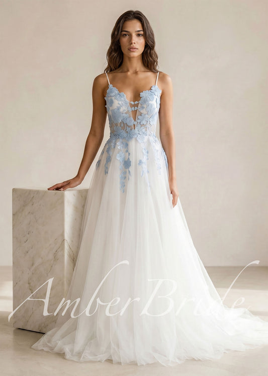 Sky Blue Floral Tulle Wedding Dress with Spaghetti Straps and Open Back