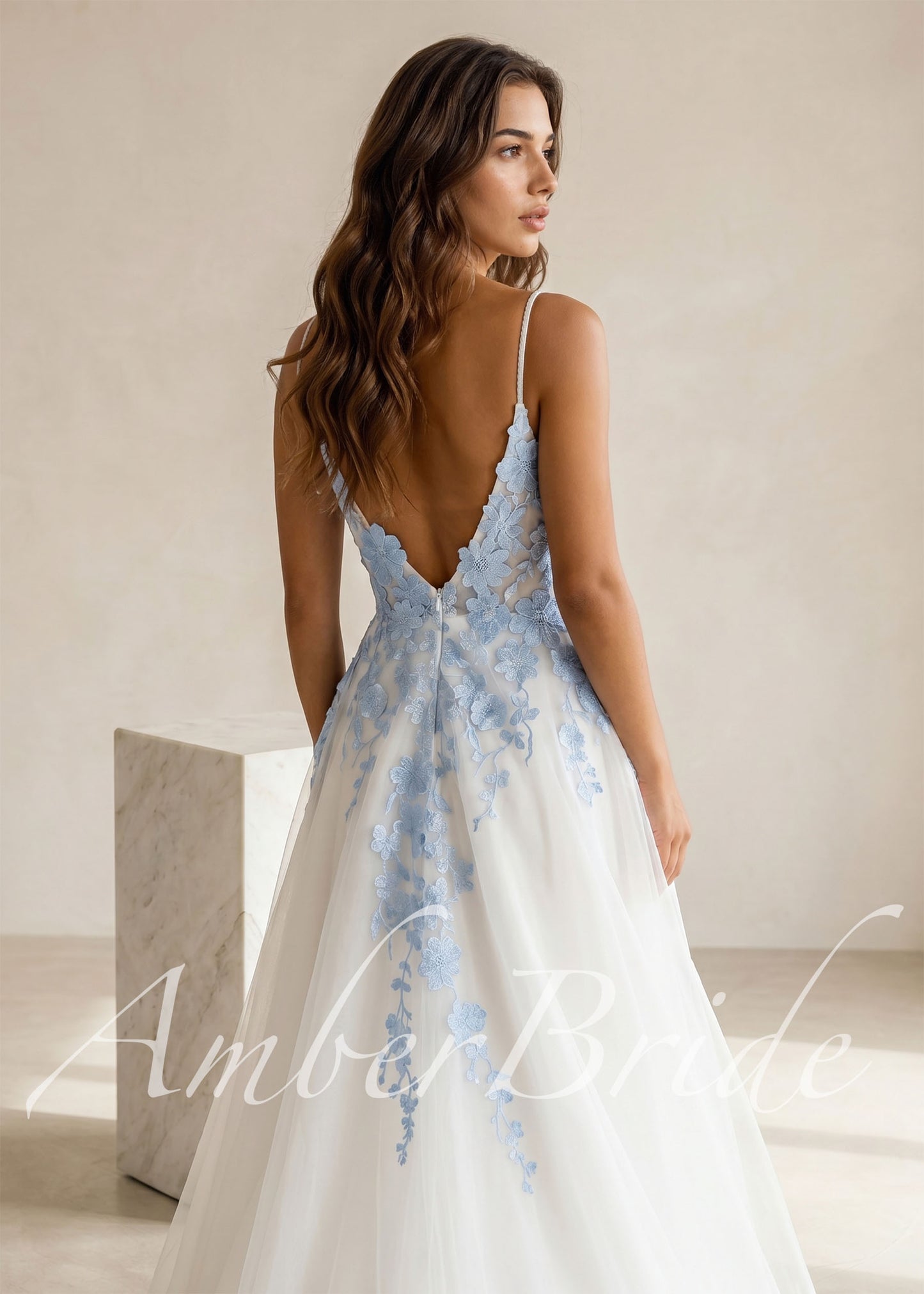 Sky Blue Floral Tulle Wedding Dress with Spaghetti Straps and Open Back