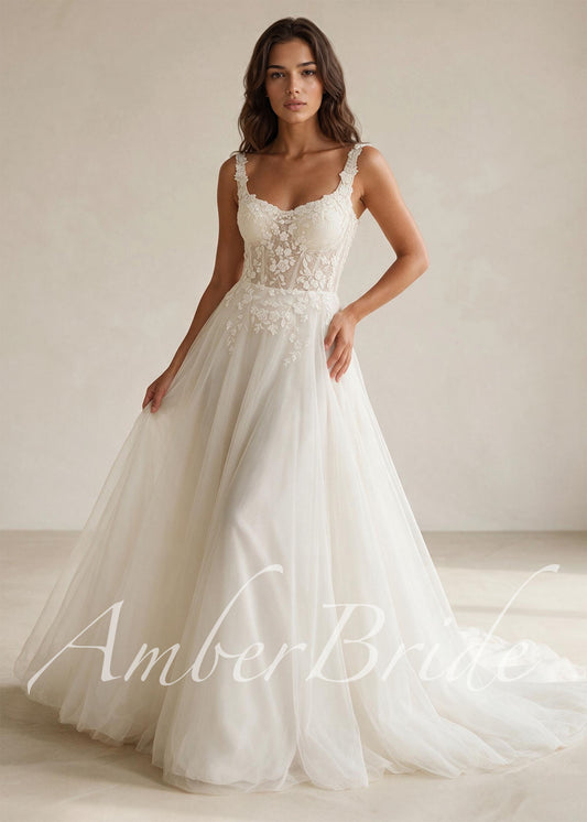 Rustic Wedding Dress with Floral Appliques with Glittering Tulle Skirt