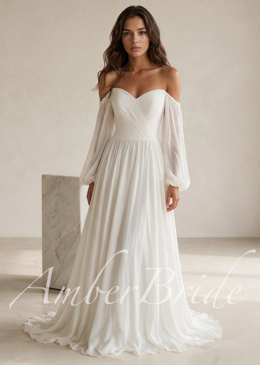Elegant A Line Wedding Dress with Folder Chiffon Bodice and Flowy Long Train