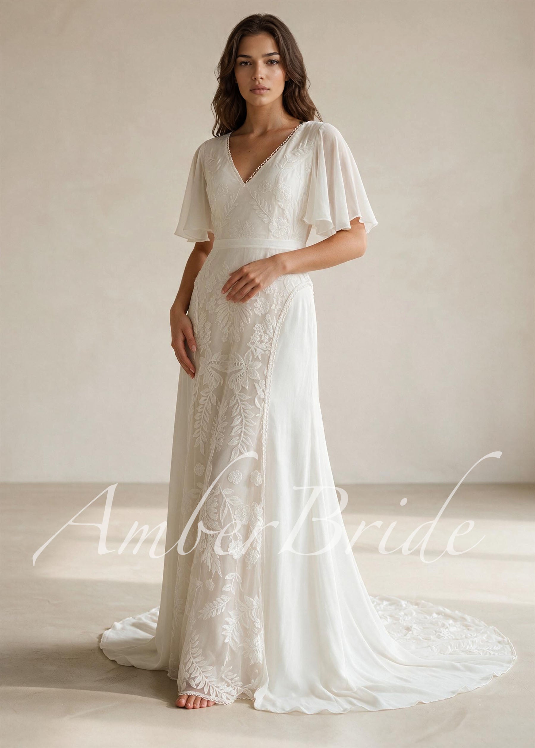 Boho A-Line Chiffon Wedding Dress with Flutter Sleeves