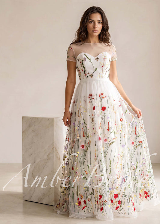 Romantic A-Line Wedding Dress with Colorful Embroidered Flowers