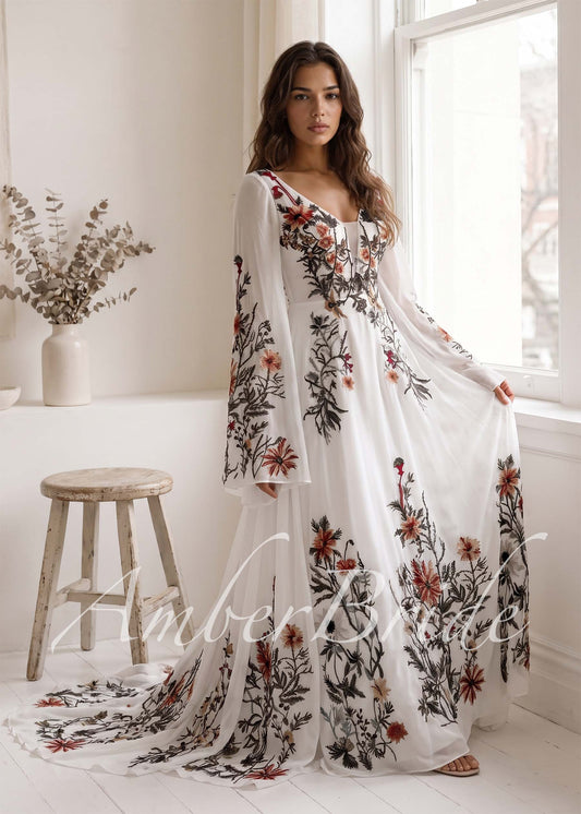 Rustic Embroidered Floral Wedding Dress with Cape Sleeves