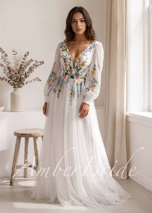 Romantic Colorful Floral Embroidered A-Line Tulle Wedding Dress