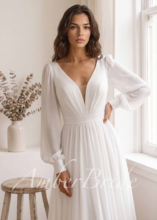 Elegant Flowy Chiffon Wedding Dress with Long Puffy Sleeve and Open Back