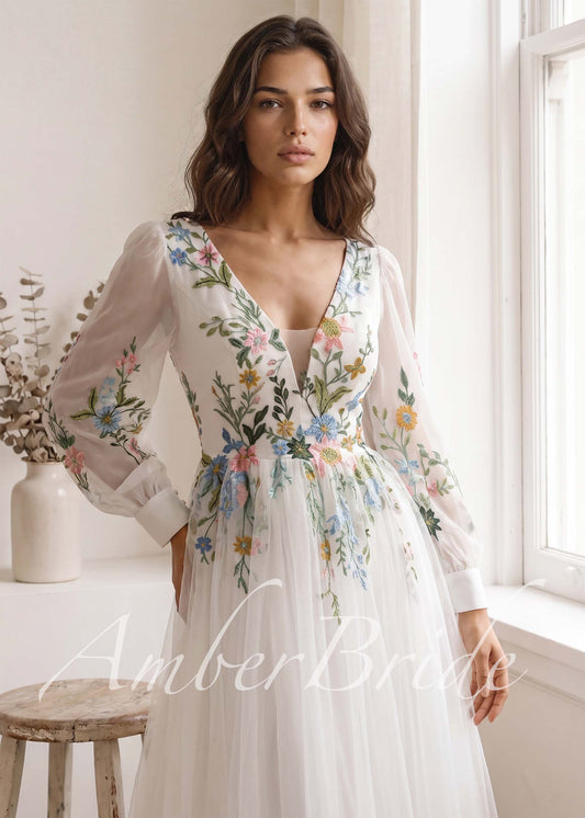 Romantic Colorful Floral Embroidered A-Line Tulle Wedding Dress