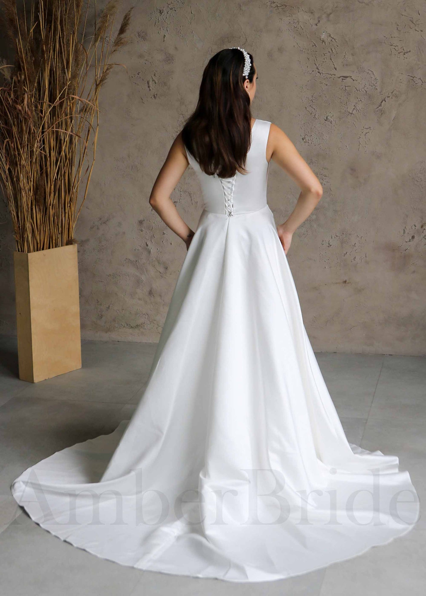 Minimalist A Line Satin Wedding Dress with Deep V Neck
