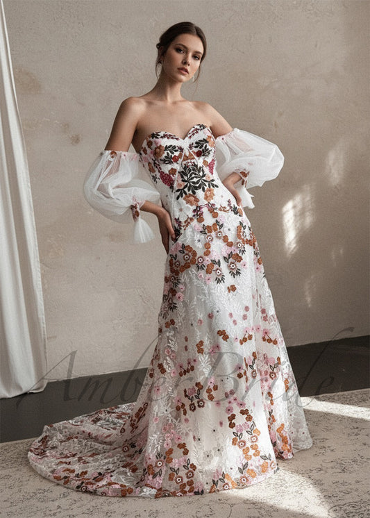 Boho Strapless Wedding Dress with Colorful Floral Embroidery and Detachable Puffy Sleeves