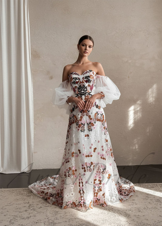 Boho Strapless Wedding Dress with Colorful Floral Embroidery and Detachable Puffy Sleeves