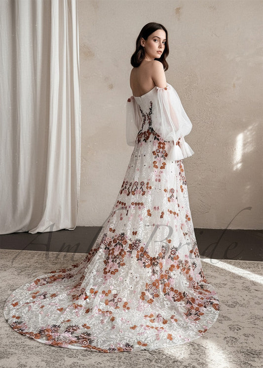 Boho Strapless Wedding Dress with Colorful Floral Embroidery and Detachable Puffy Sleeves