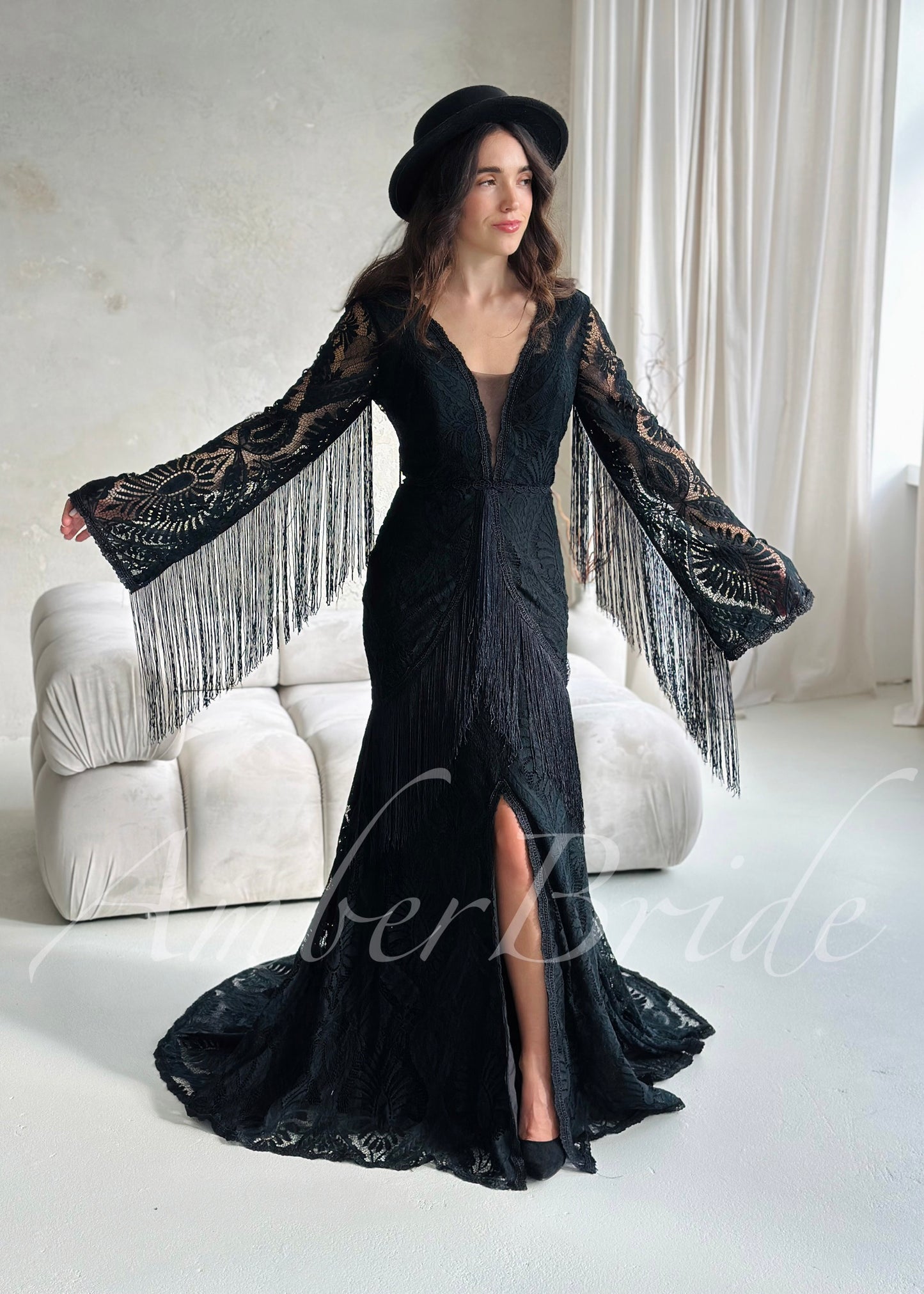 Bohemian Black Lace Wedding Dress with Fringe Sleeves