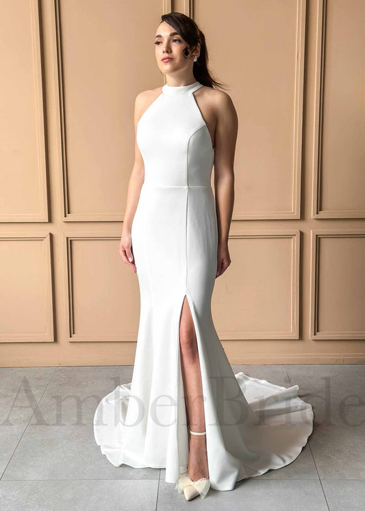 Simple Mermaid Satin Wedding Dress with Halter Neck and Backless Design