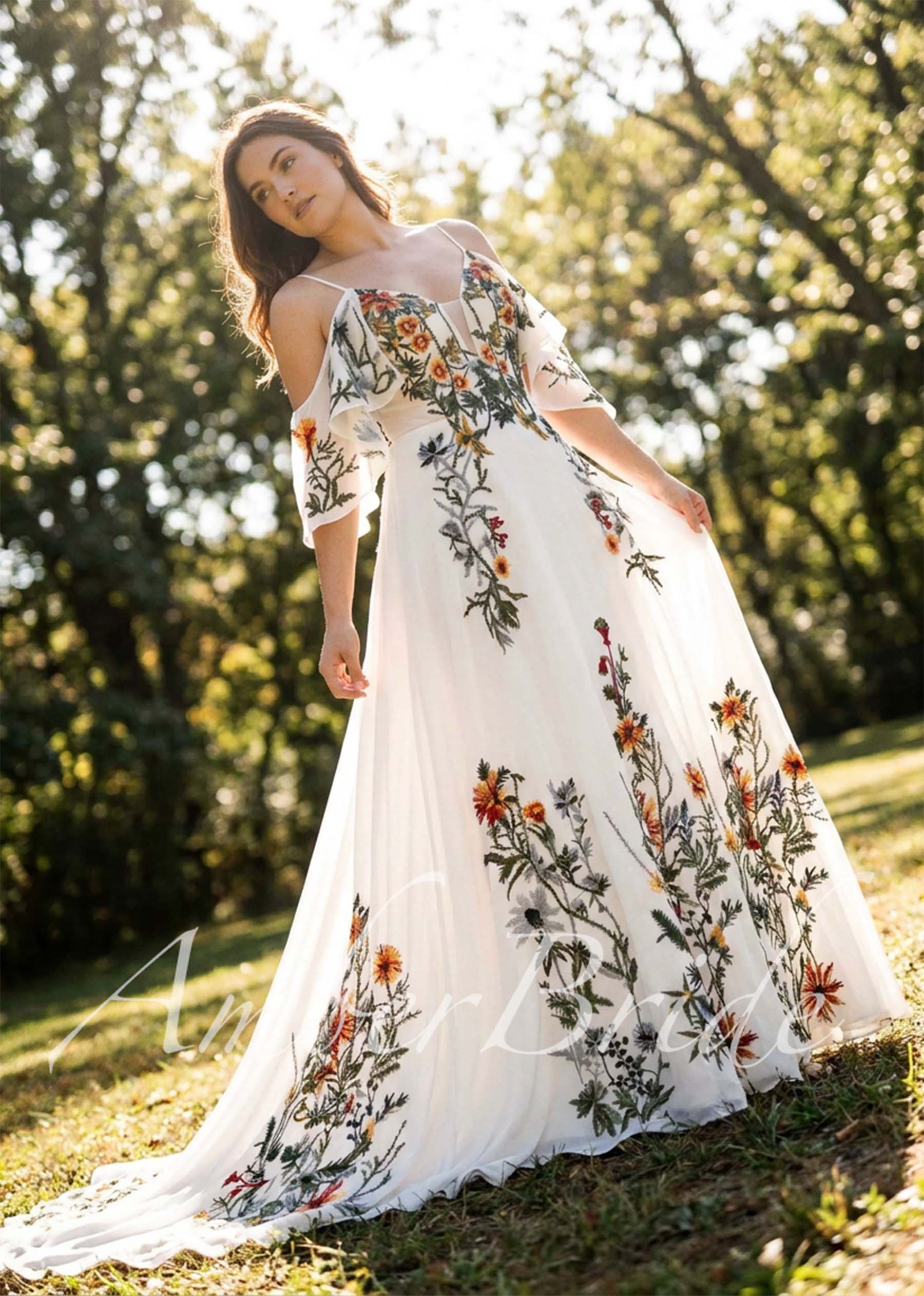 Colorful Floral Wedding Dress with Off-Shoulder Sleeves