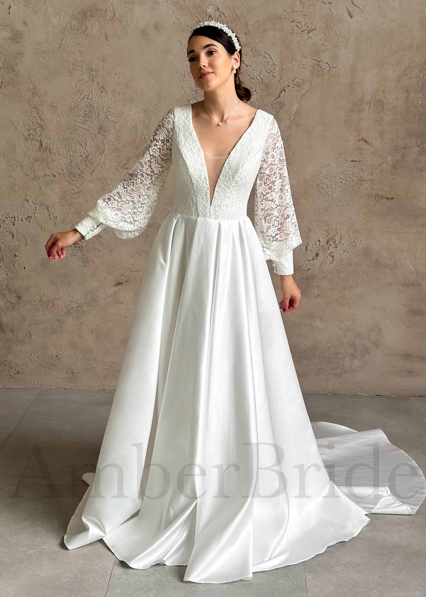 STOCK SELL-OUT: Boho A-Line Satin Wedding Dress with Deep V Neck and Long Puffy Lace Sleeves