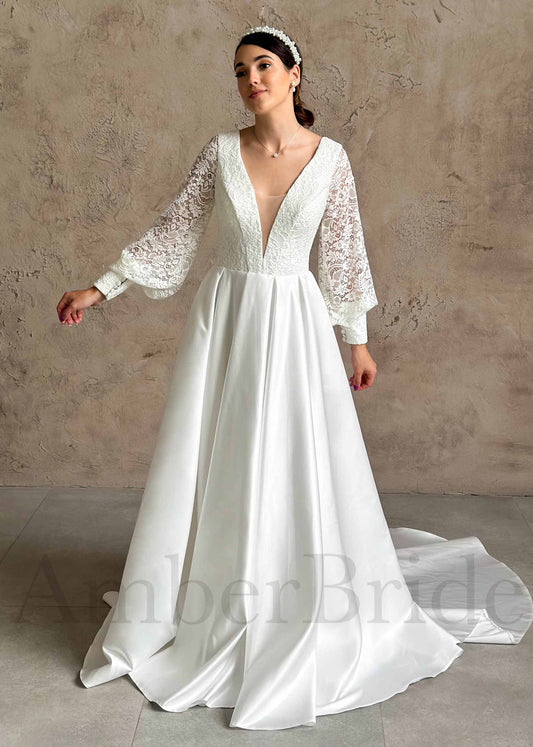 STOCK SELL-OUT: Boho A-Line Satin Wedding Dress with Deep V Neck and Long Puffy Lace Sleeves