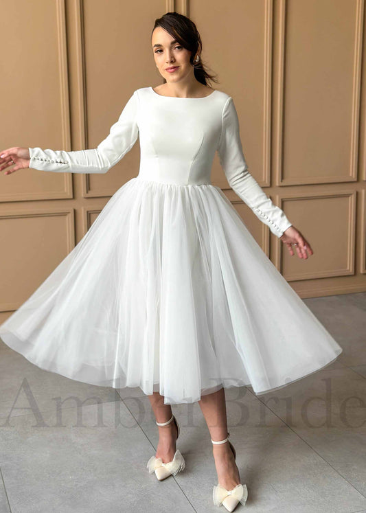 Simple Tea Length Long Sleeve Wedding Dress with Satin Top and Tulle Skirt