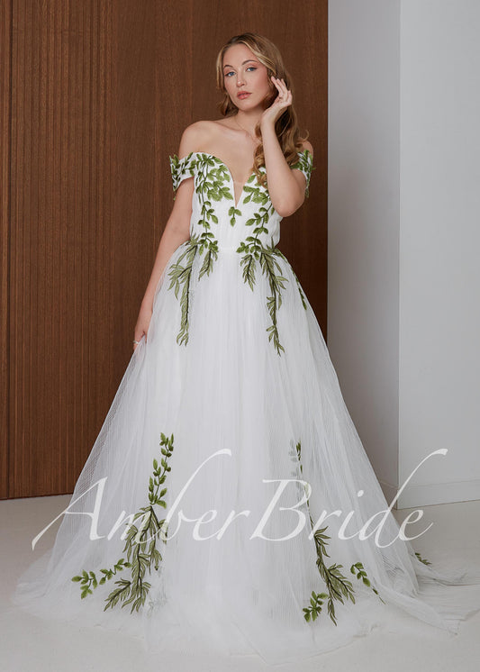 Fairy Off-Shoulder Tulle A-Line Wedding Dress with Green Ivy Leaf Embroidery and Corset Back
