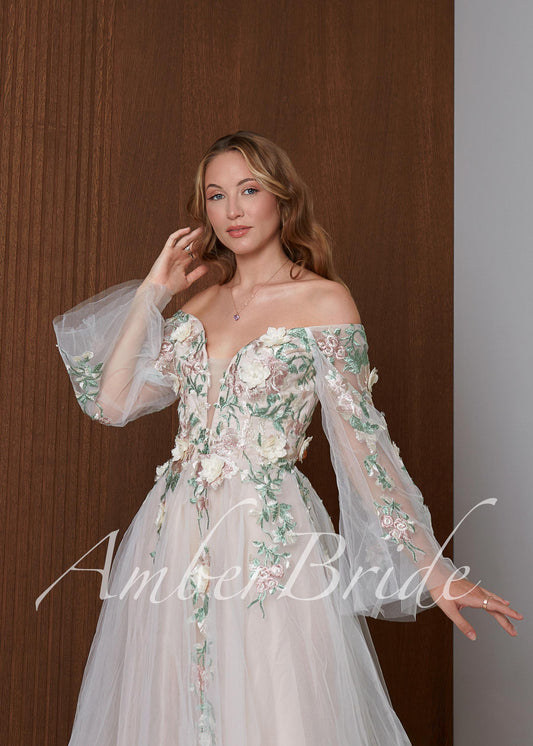 Fairy Off Shoulder Wedding Dress with Long Bell Sleeves and Colorful Floral Appliqué