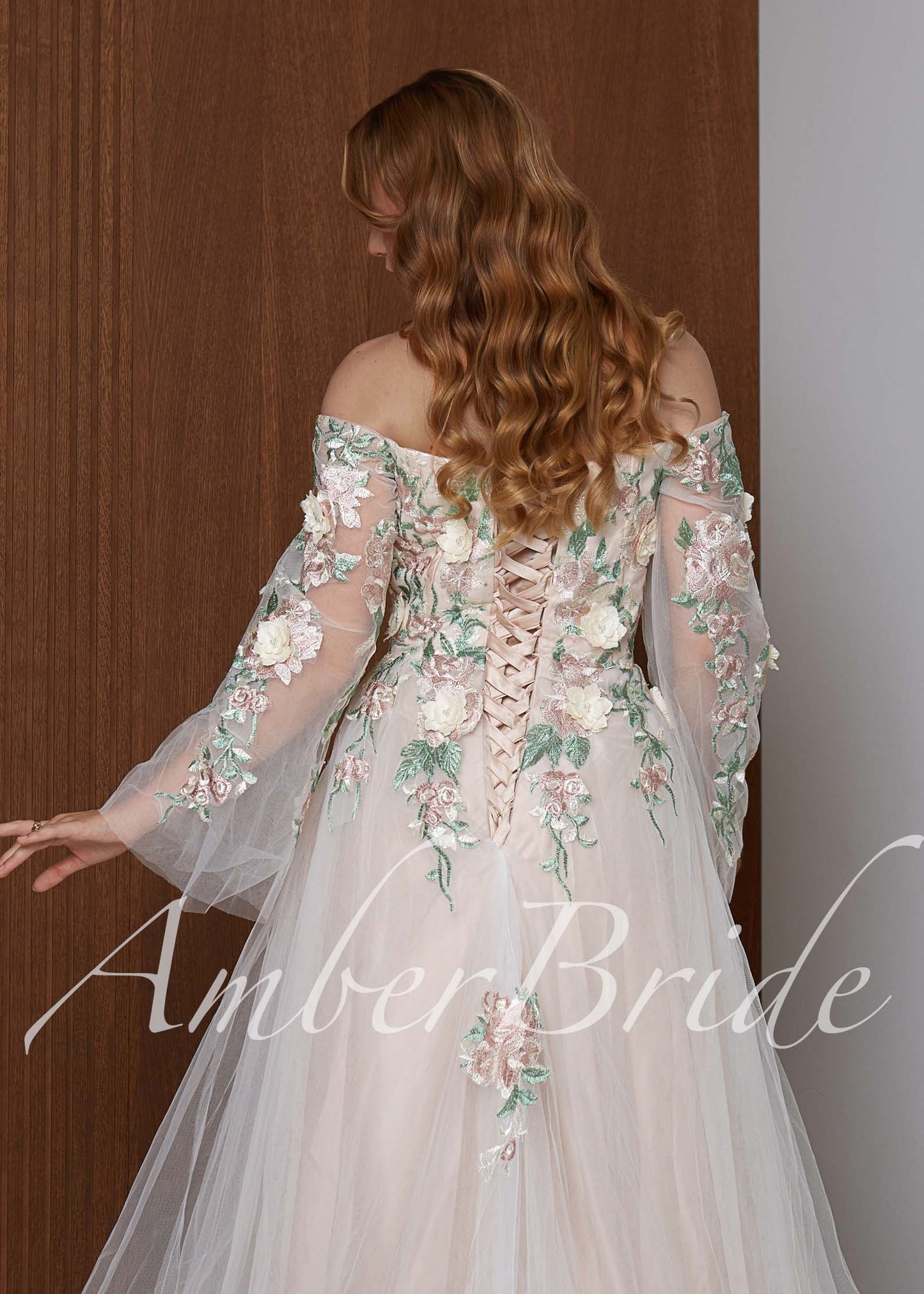 Fairy Off Shoulder Wedding Dress with Long Bell Sleeves and Colorful Floral Appliqué