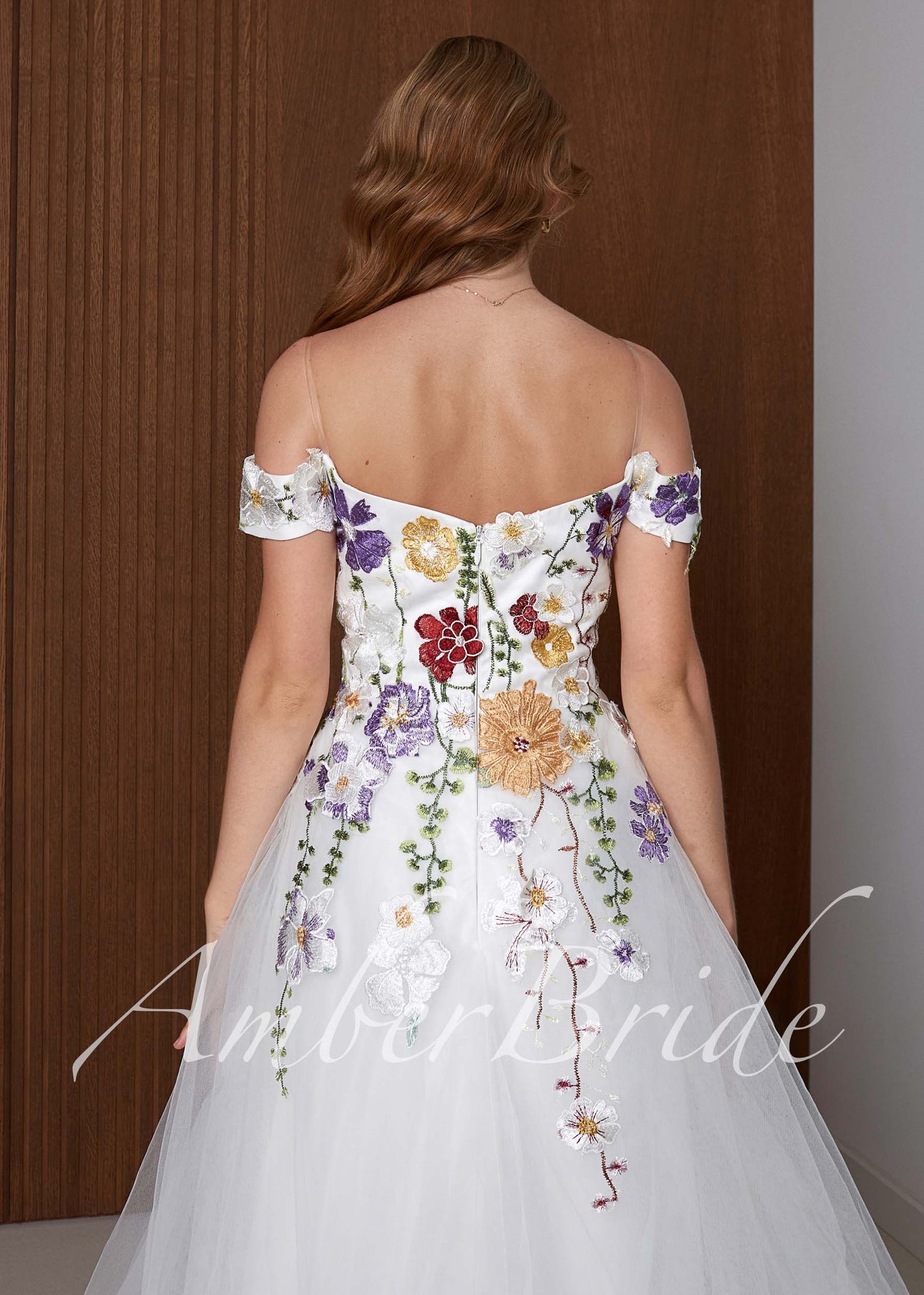 Off-Shoulder Colorful Floral A-Line Wedding Dress with 3D Wildflower Embroidery