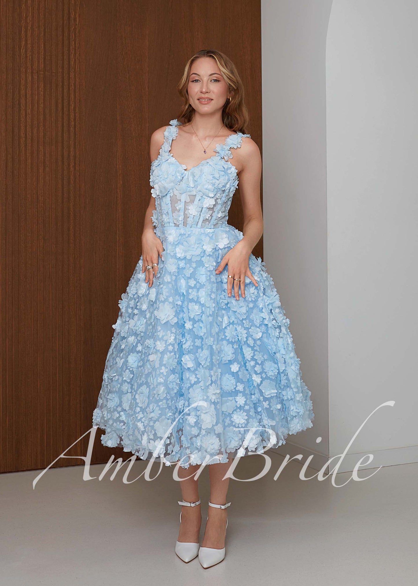Blue Floral Midi Wedding Dress with 3D Flower Appliqué and Corset Bodice