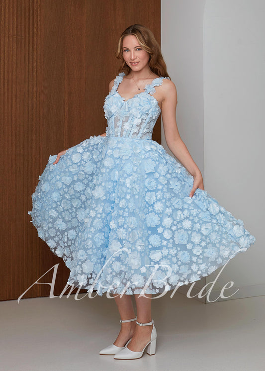 Blue Floral Midi Wedding Dress with 3D Flower Appliqué and Corset Bodice