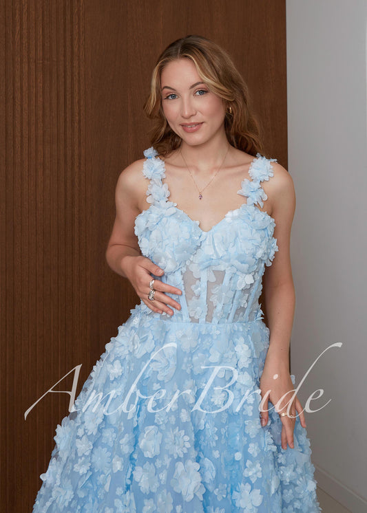 Blue Floral Midi Wedding Dress with 3D Flower Appliqué and Corset Bodice