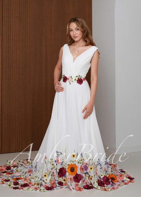 Goddess Chiffon Wedding Dress with Colorful Floral Embroidery and Corset Back