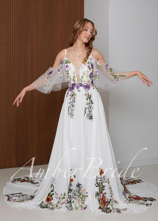 Fairy Off-White Chiffon A-Line Wedding Dress with Colorful Floral Embroidery and Off-Shoulder Straps
