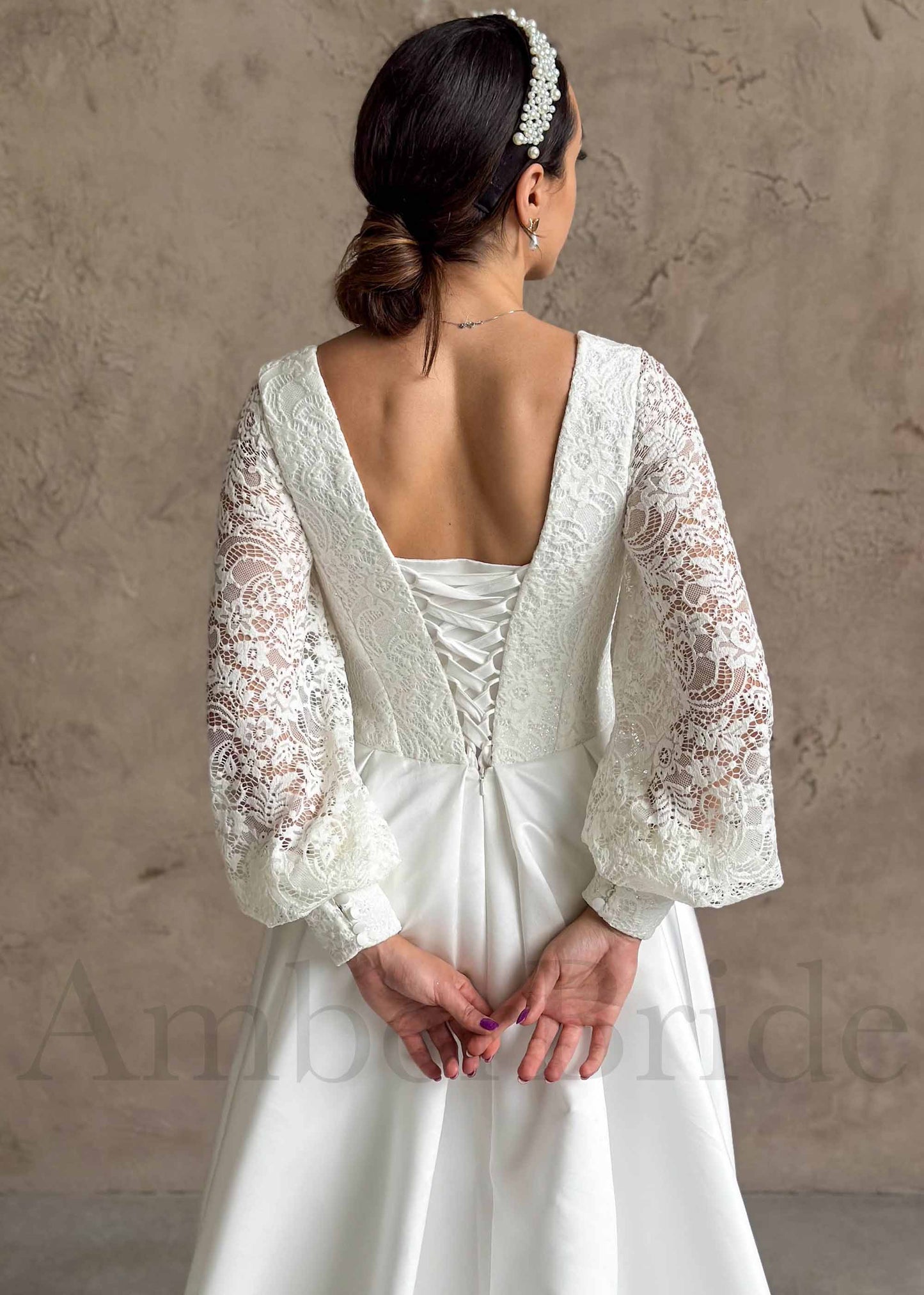 STOCK SELL-OUT: Boho A-Line Satin Wedding Dress with Deep V Neck and Long Puffy Lace Sleeves