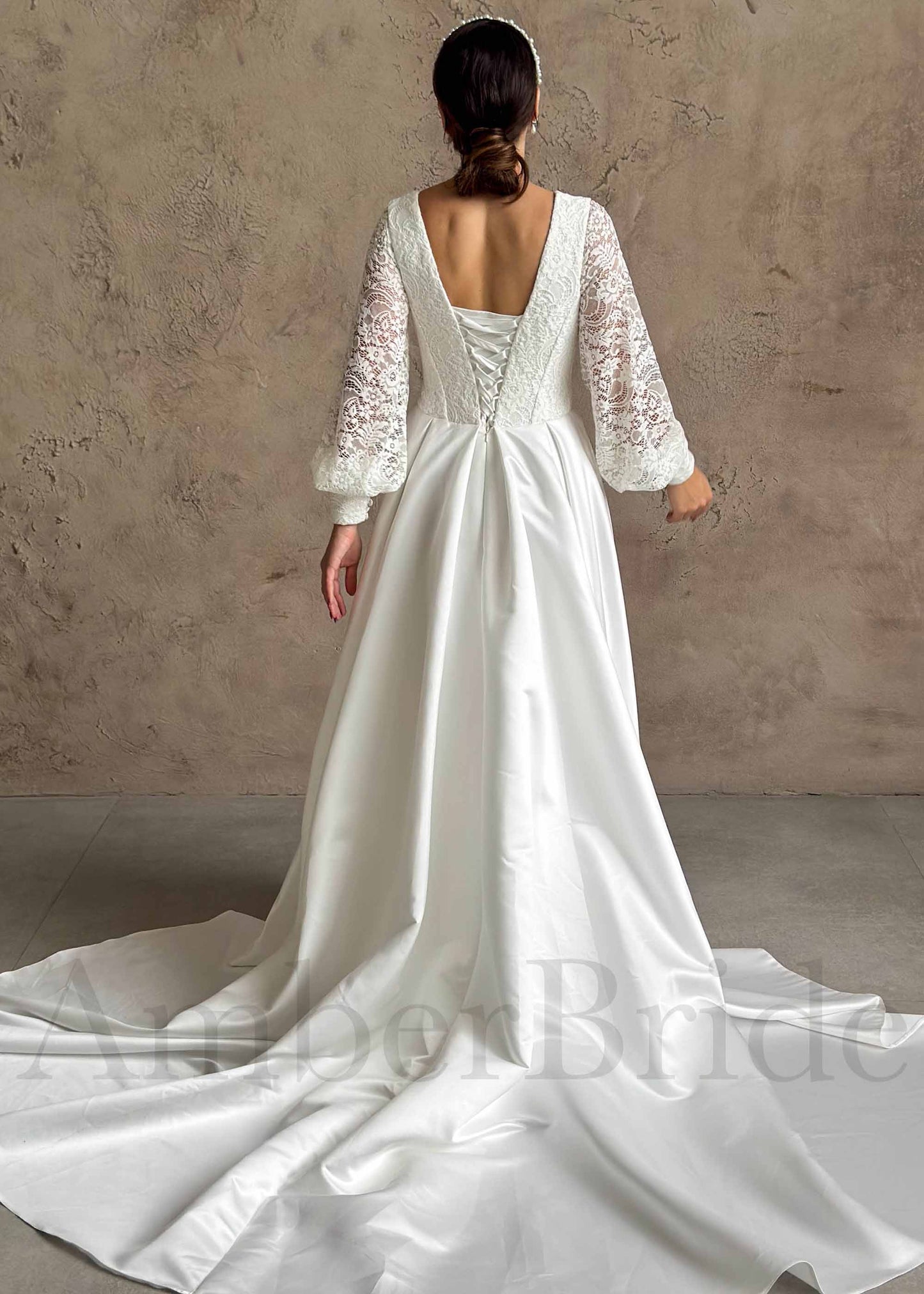 STOCK SELL-OUT: Boho A-Line Satin Wedding Dress with Deep V Neck and Long Puffy Lace Sleeves