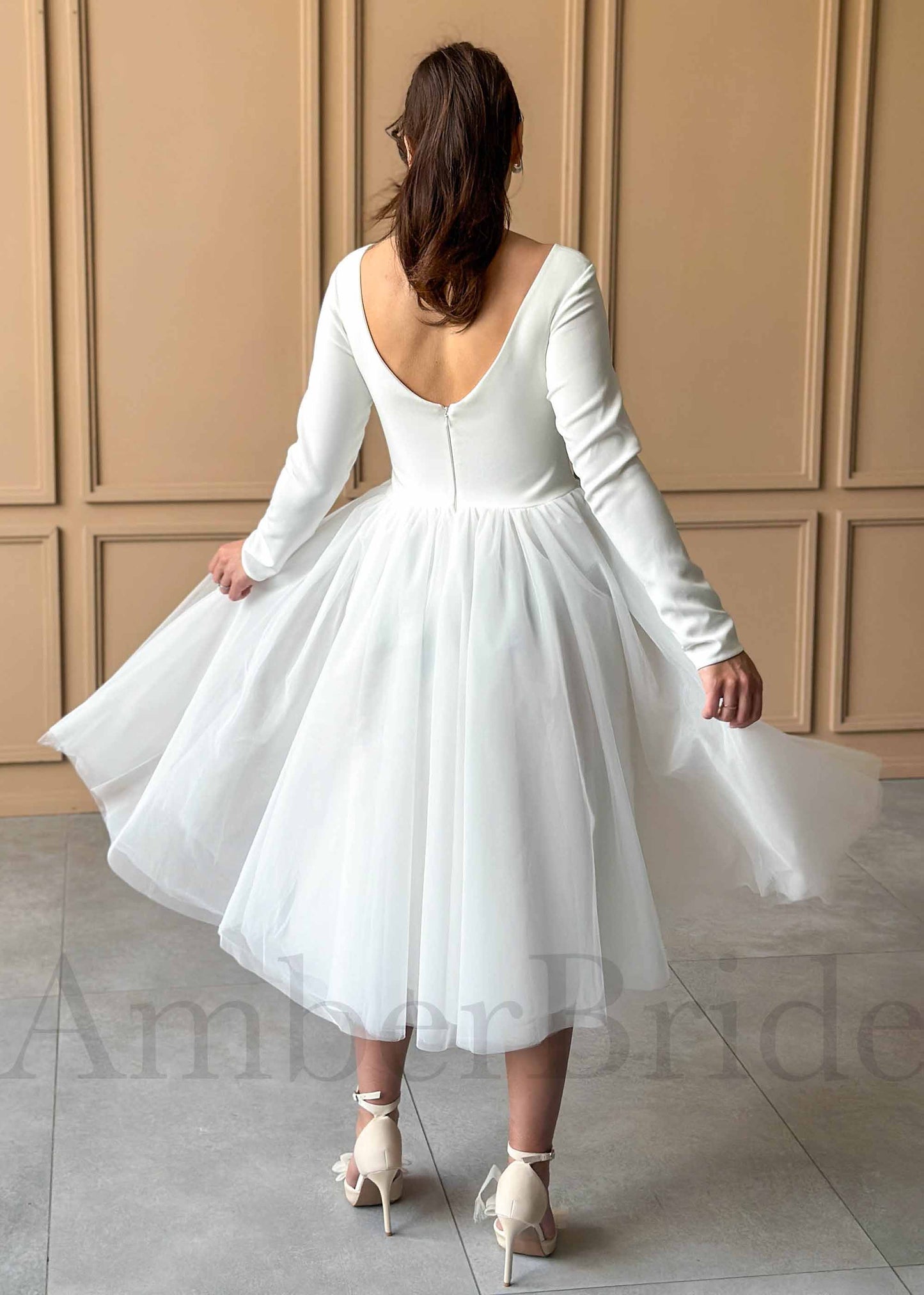 Simple Tea Length Long Sleeve Wedding Dress with Satin Top and Tulle Skirt
