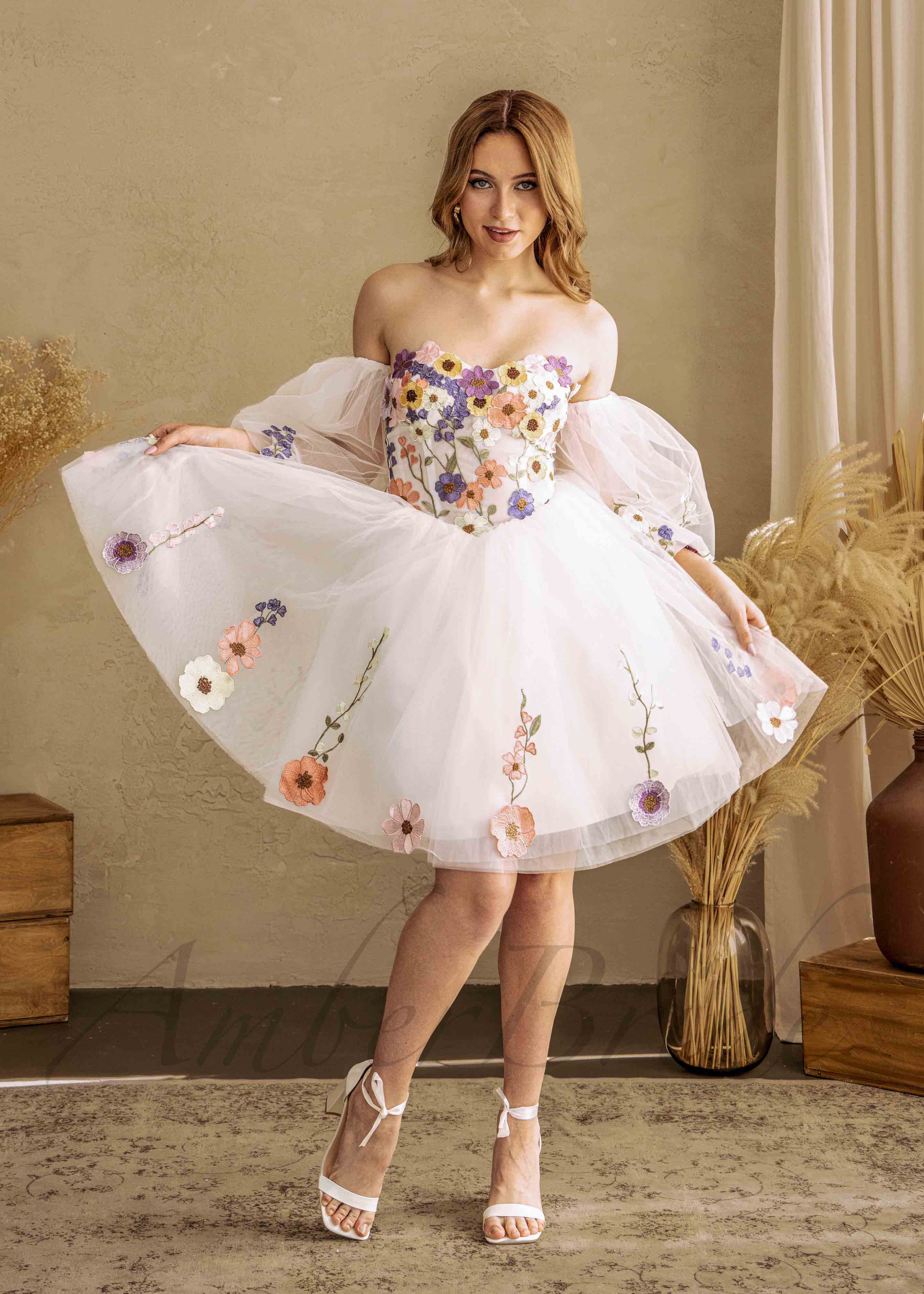 Fairy Knee-Length Dress with Colorful Flowers & Puffy Sleeves