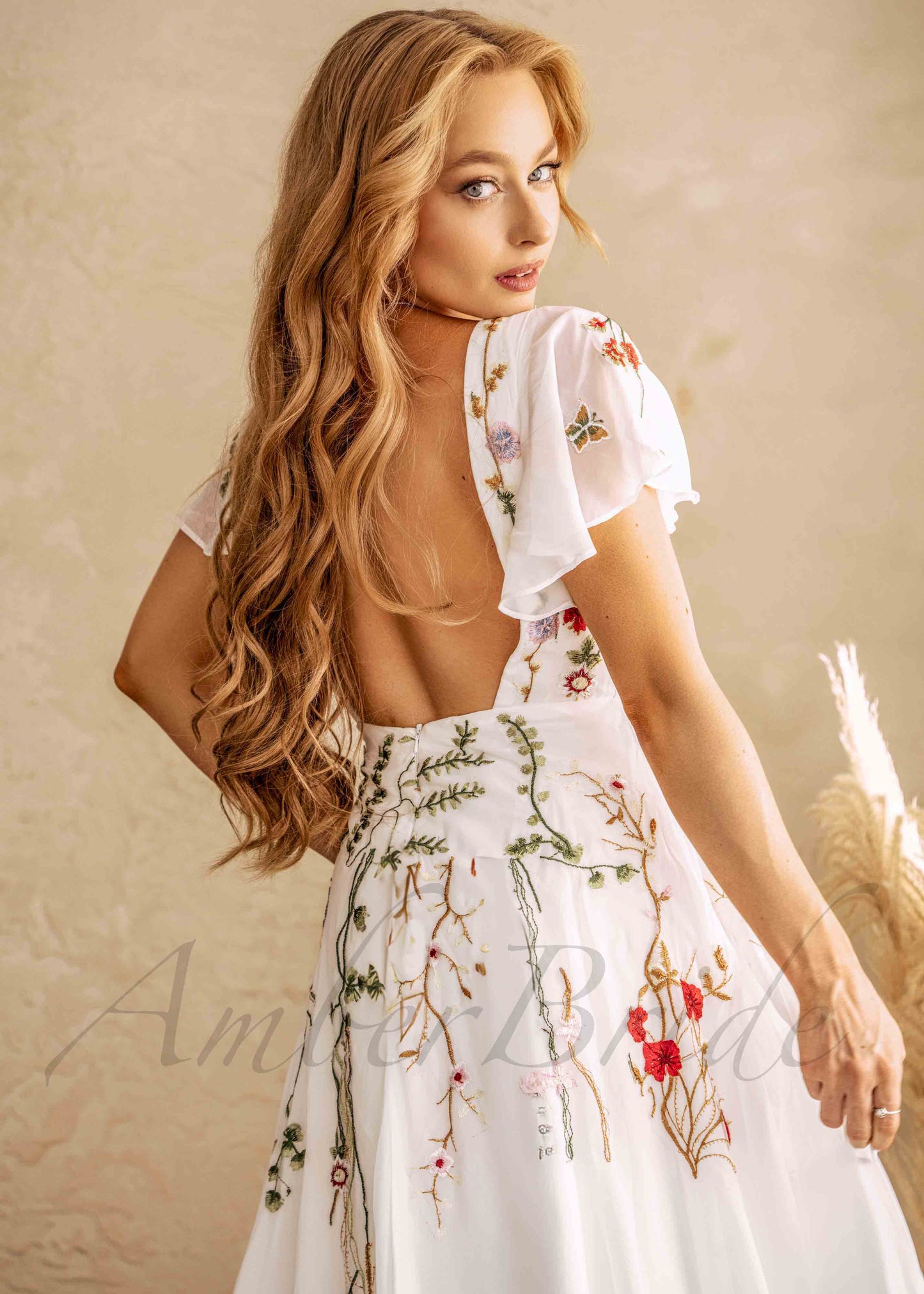 Floral A Line Wedding Dress with Flutter Sleeve and Open Back