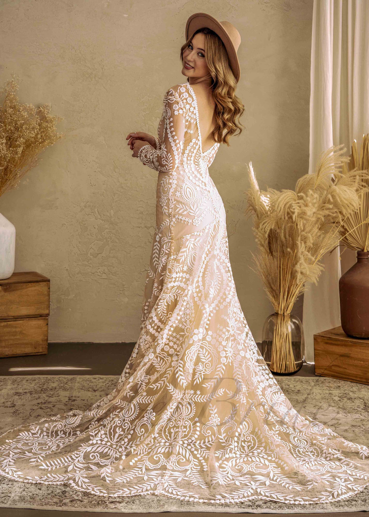 Boho Mermaid Long Sleeve Floral Wedding Dress with Open Back