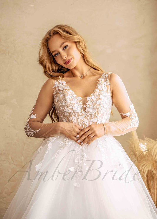Floral Ball Gown Wedding Dress with Long Illusion Sleeve and Tulle Skirt