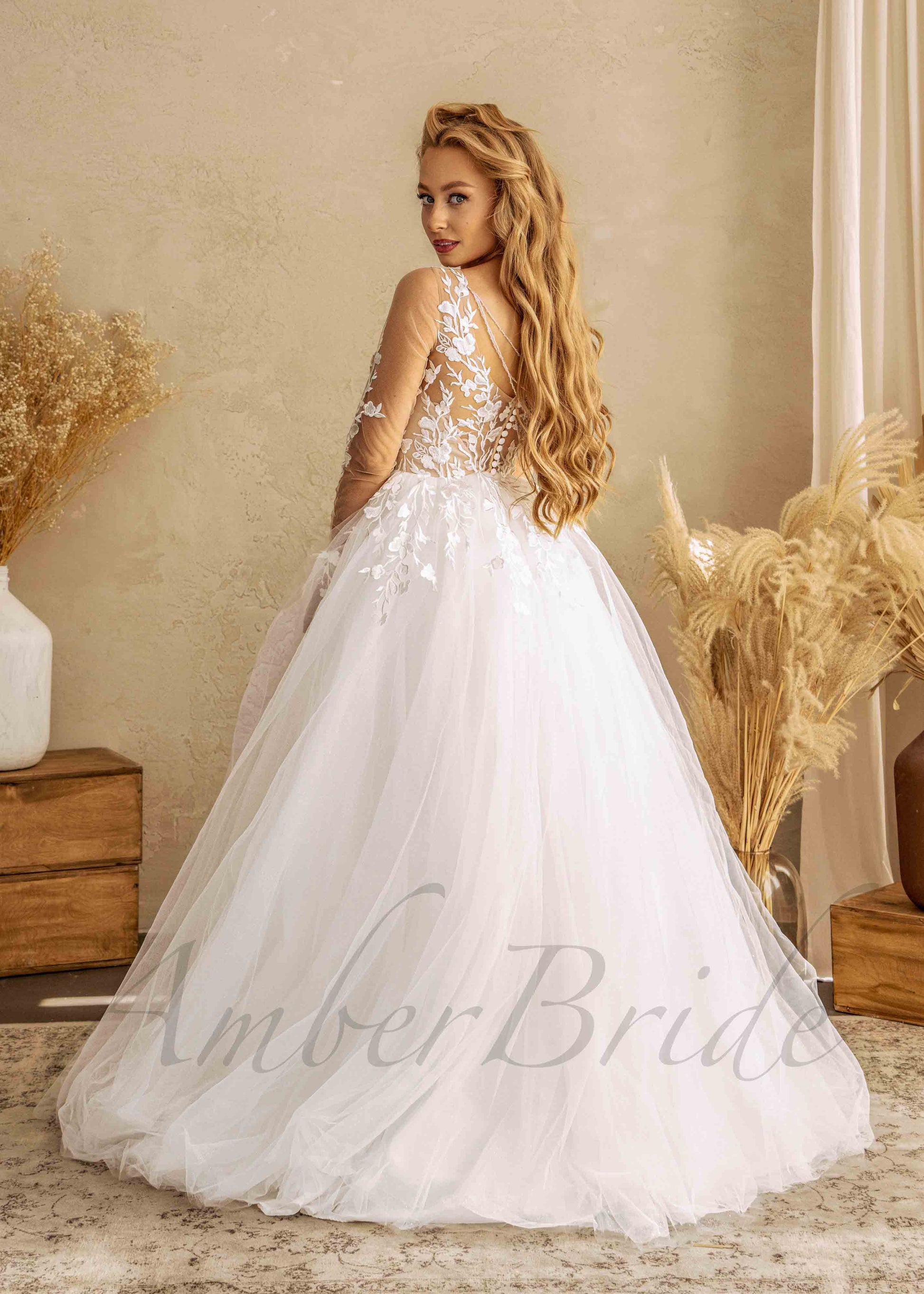 Floral Ball Gown Wedding Dress with Long Illusion Sleeve and Tulle Skirt