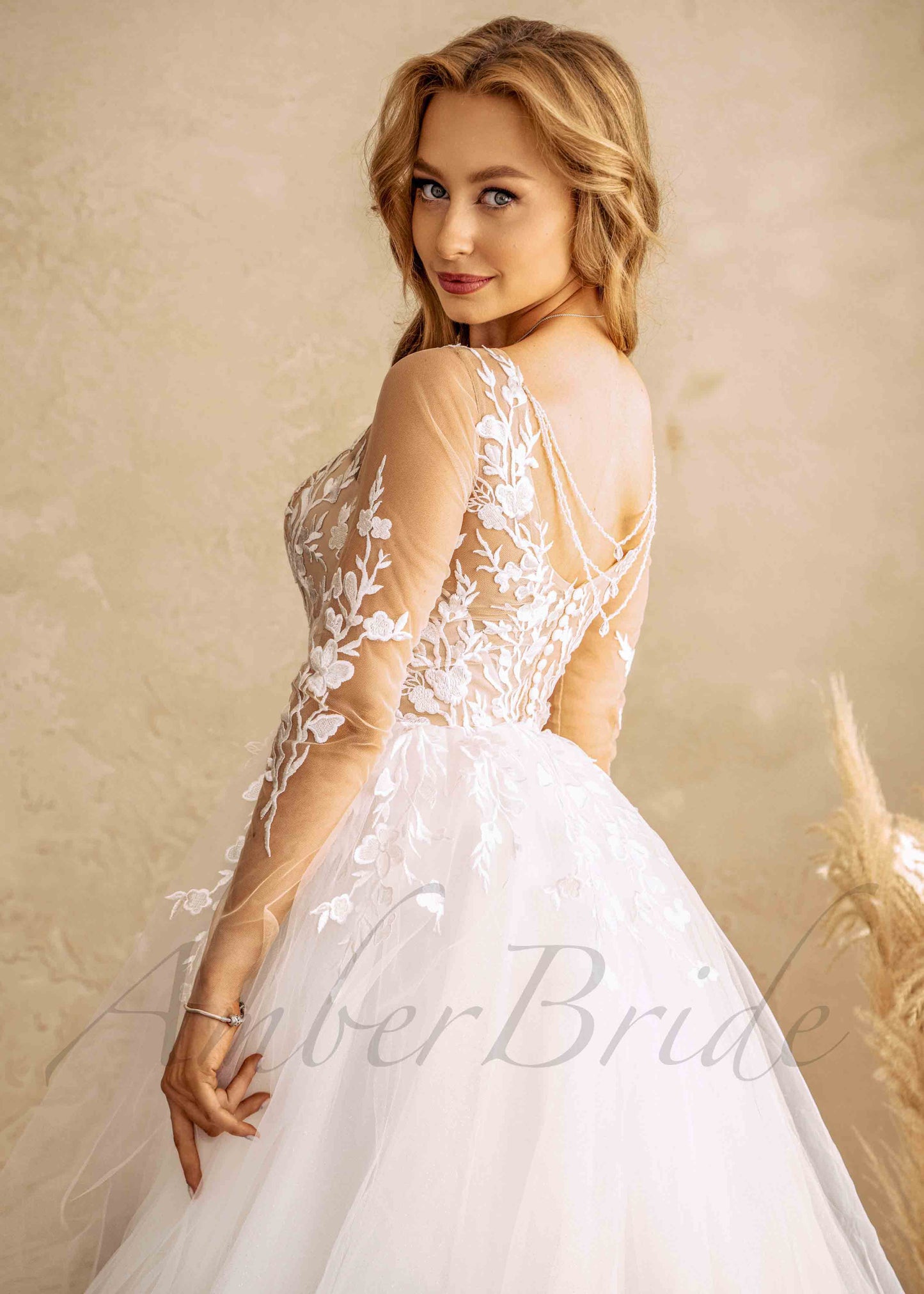 Floral Ball Gown Wedding Dress with Long Illusion Sleeve and Tulle Skirt