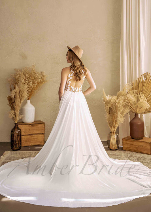 Floral A Line Chiffon Wedding Dress with Illusion Design and Open Back