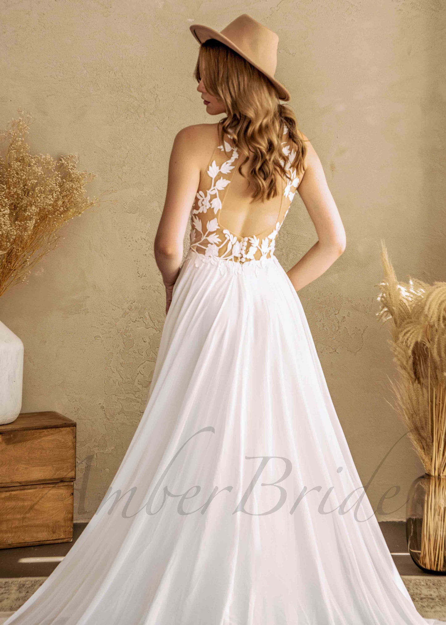 Floral A Line Chiffon Wedding Dress with Illusion Design and Open Back