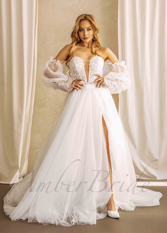Romantic Floral Wedding Dress with Deep V Neck and Off Shoulder Bishop Sleeve